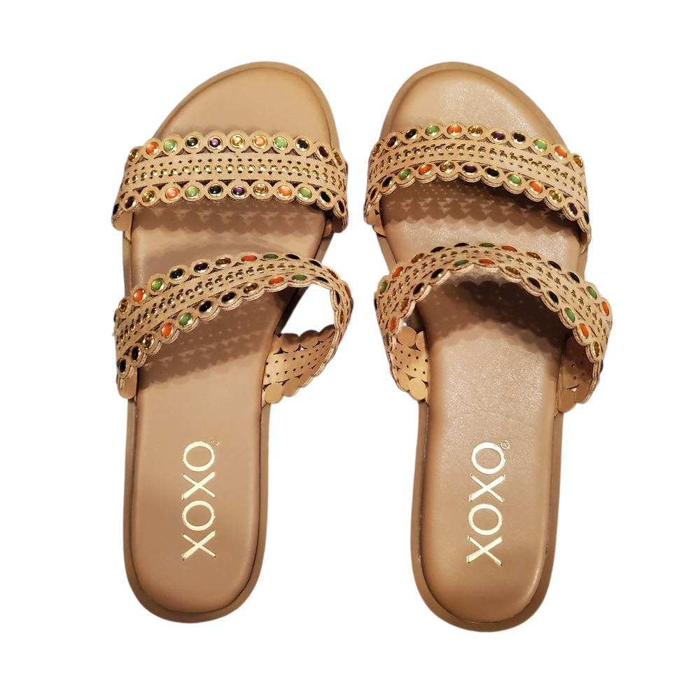 Womens Size 6 XOXO Tan Sandals with Colorful Embellishments